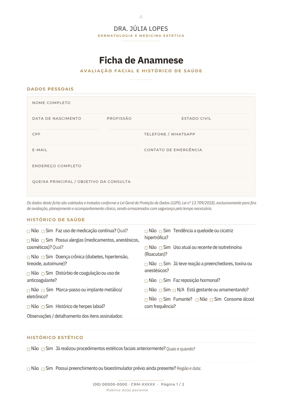 Ficha de anamnese facial da biblioteca