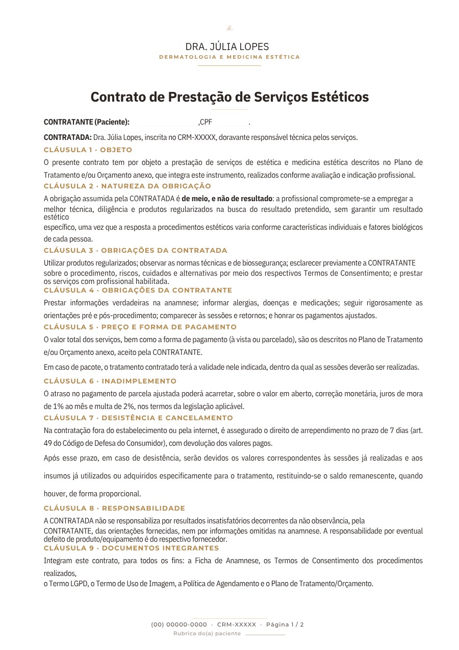 Página 1 do contrato de prestação de serviços estéticos, com cláusulas numeradas