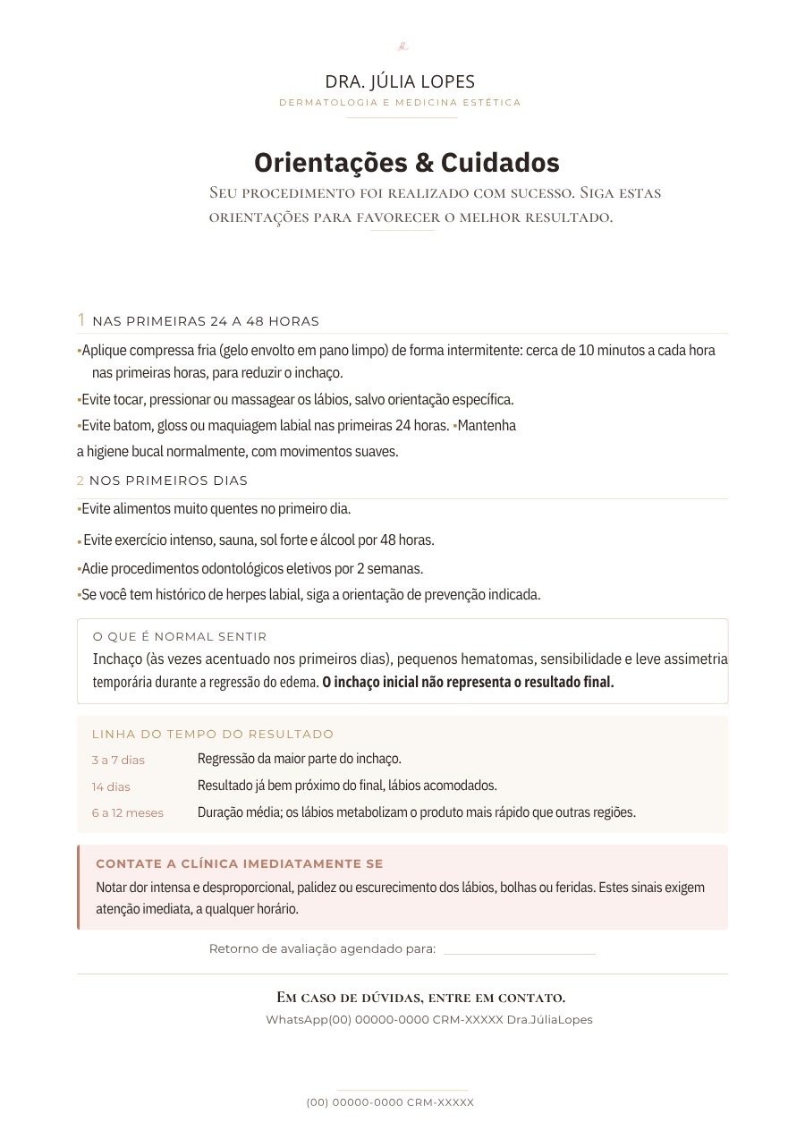 Orientações de pós-procedimento de preenchimento labial, com linha do tempo do resultado